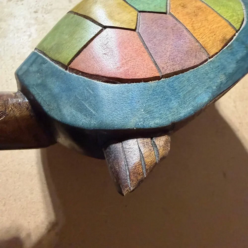 Hand Carved Wood Turtle Figurine Colorful Mosaic Shell Sculpture Folk Art Decor